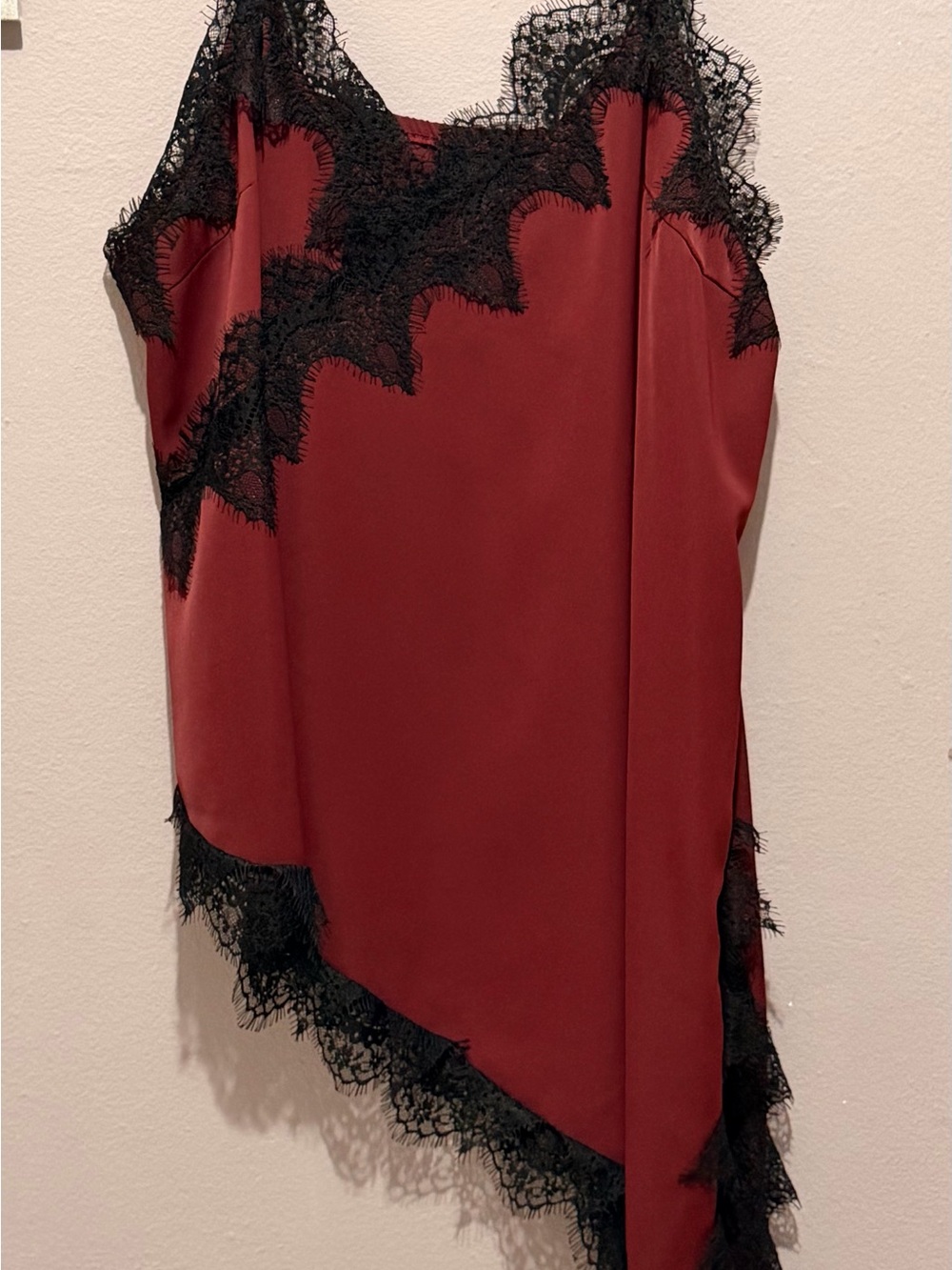 Burgundy Satin Slip Top with Black Lace Trim